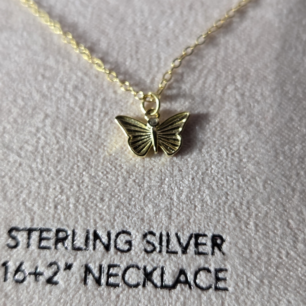 Gold Tone Sterling Silver Delicate Butterfly Pendant Necklace. - Picture 7 of 9